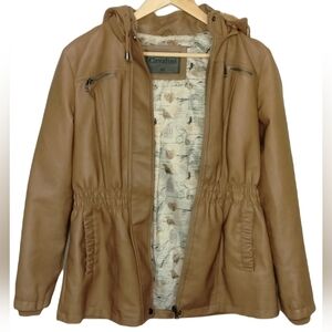 Cavalini Womens Faux Leather Jacket With Removable Hood Size Medium Brown Soft
